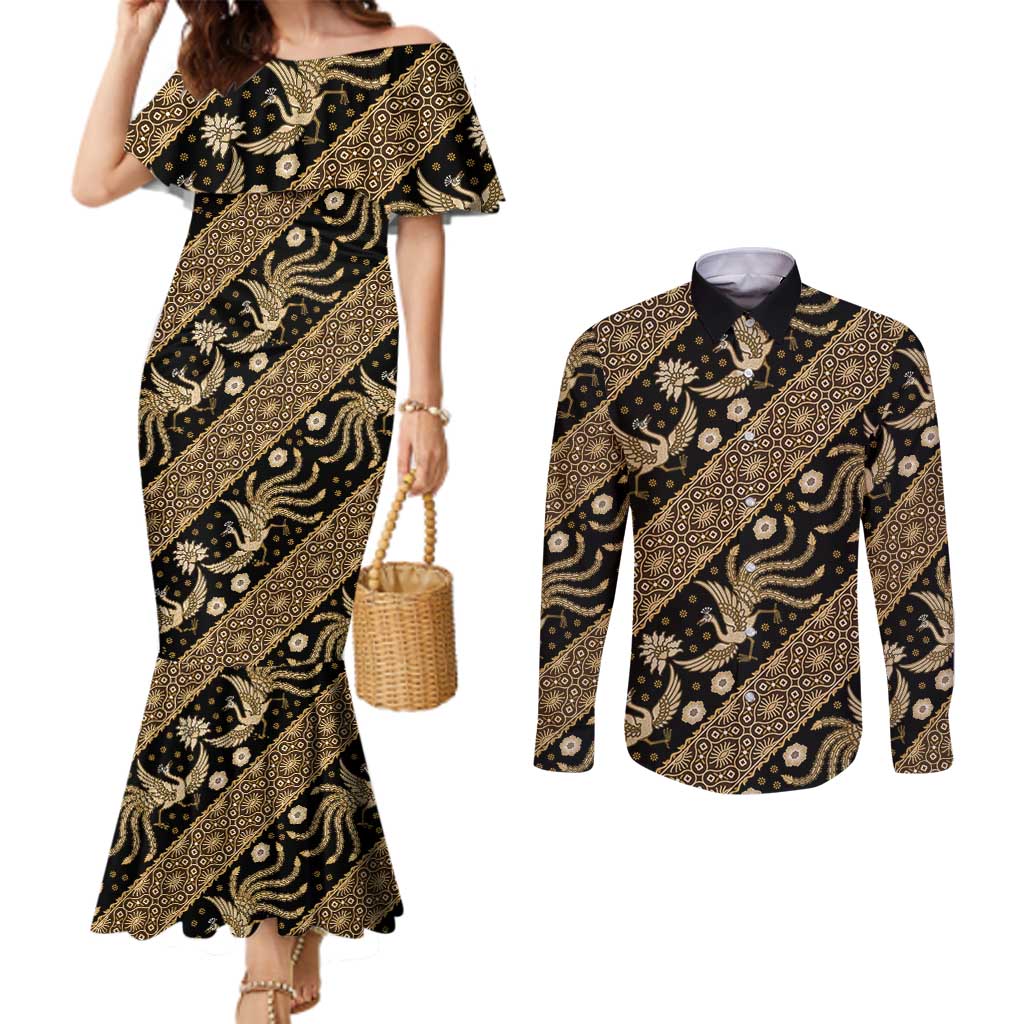 Indonesia Batik Pattern Couples Matching Mermaid Dress and Long Sleeve Button Shirt Gold Version