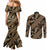 Indonesia Batik Pattern Couples Matching Mermaid Dress and Long Sleeve Button Shirt Gold Version