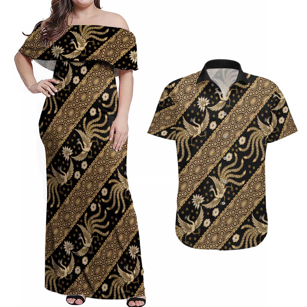 Indonesia Batik Pattern Couples Matching Off Shoulder Maxi Dress and Hawaiian Shirt Gold Version - Wonder Print Shop