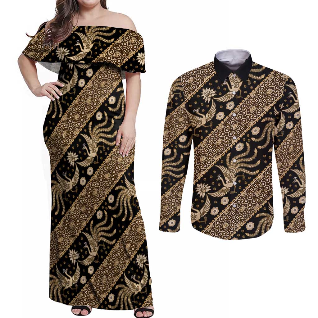 Indonesia Batik Pattern Couples Matching Off Shoulder Maxi Dress and Long Sleeve Button Shirt Gold Version - Wonder Print Shop