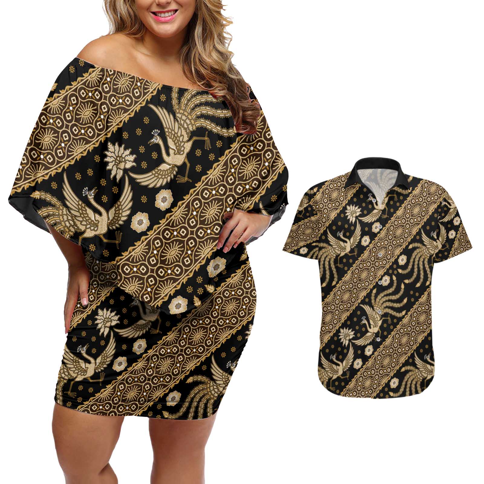 Indonesia Batik Pattern Couples Matching Off Shoulder Short Dress and Hawaiian Shirt Gold Version - Wonder Print Shop