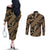 Indonesia Batik Pattern Couples Matching Off The Shoulder Long Sleeve Dress and Long Sleeve Button Shirt Gold Version