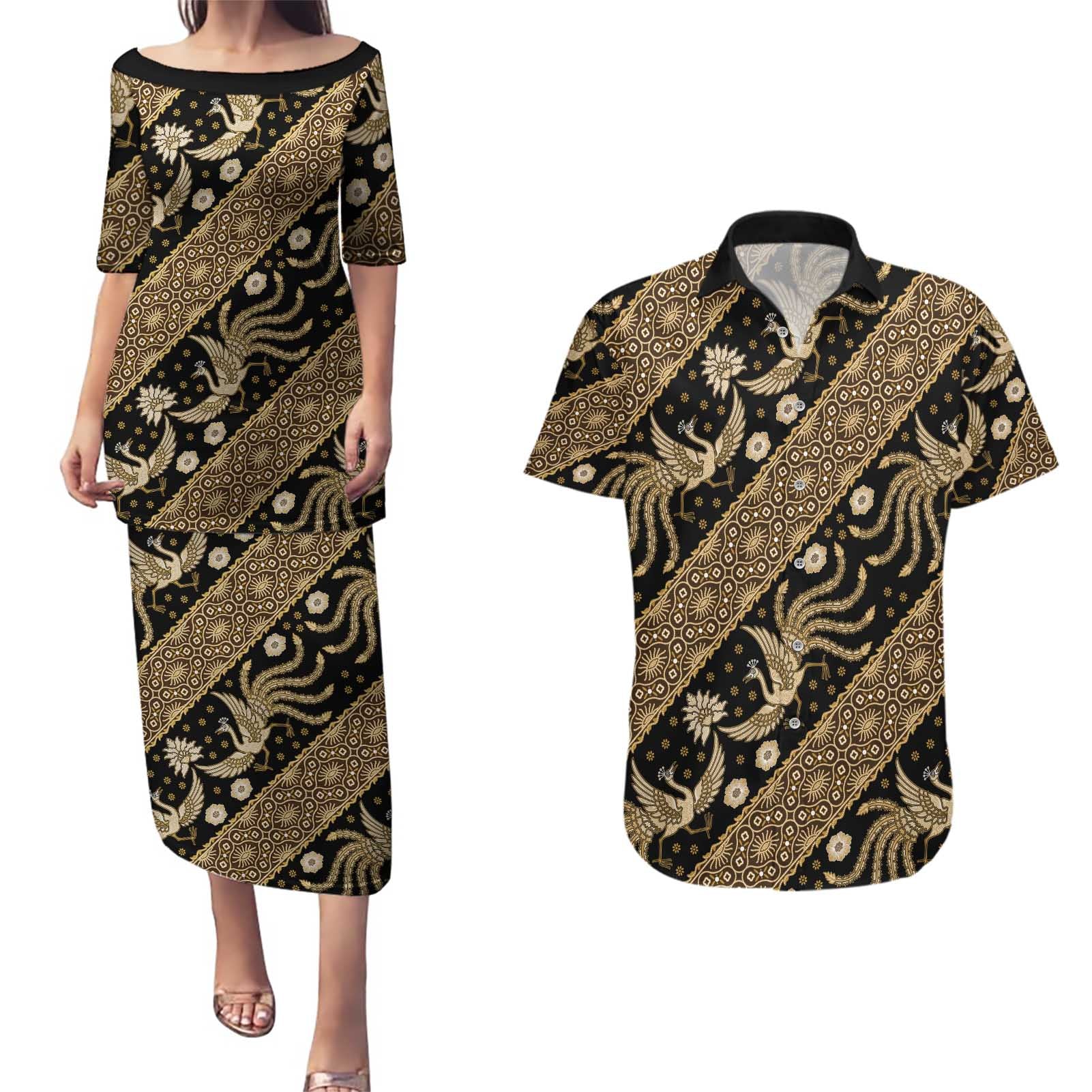 Indonesia Batik Pattern Couples Matching Puletasi and Hawaiian Shirt Gold Version - Wonder Print Shop