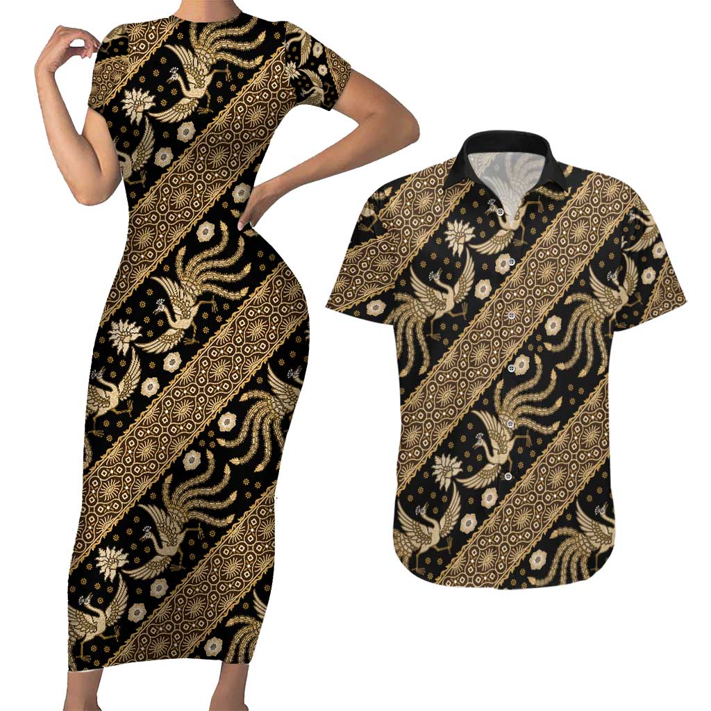 Indonesia Batik Pattern Couples Matching Short Sleeve Bodycon Dress and Hawaiian Shirt Gold Version - Wonder Print Shop