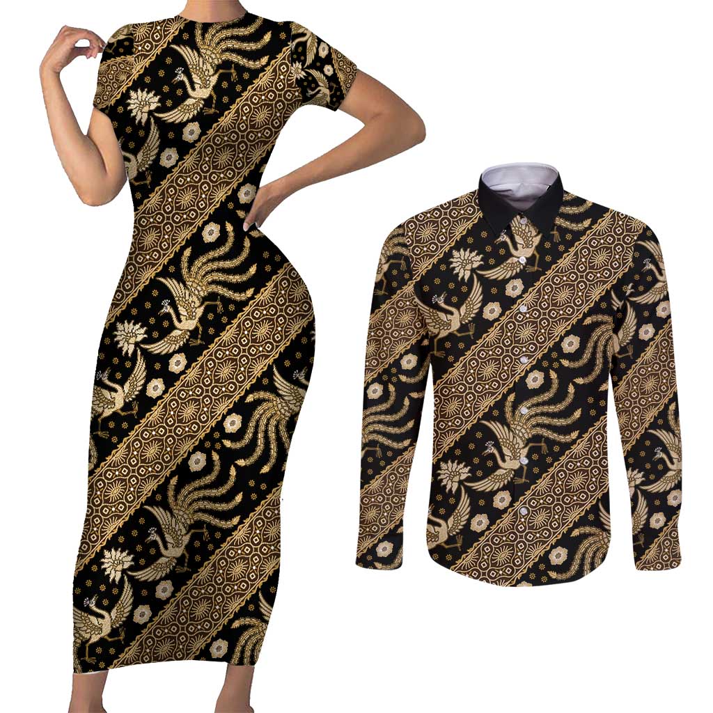 Indonesia Batik Pattern Couples Matching Short Sleeve Bodycon Dress and Long Sleeve Button Shirt Gold Version - Wonder Print Shop