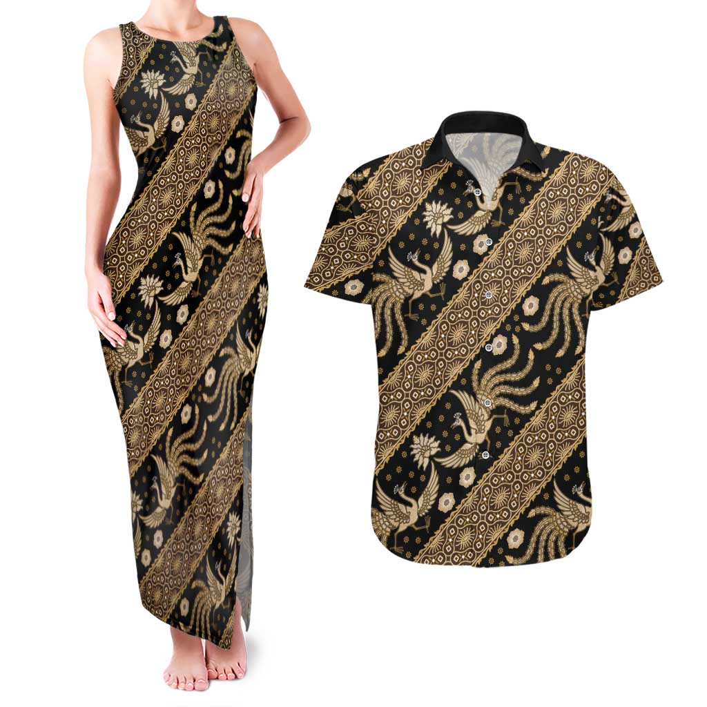 Indonesia Batik Pattern Couples Matching Tank Maxi Dress and Hawaiian Shirt Gold Version - Wonder Print Shop