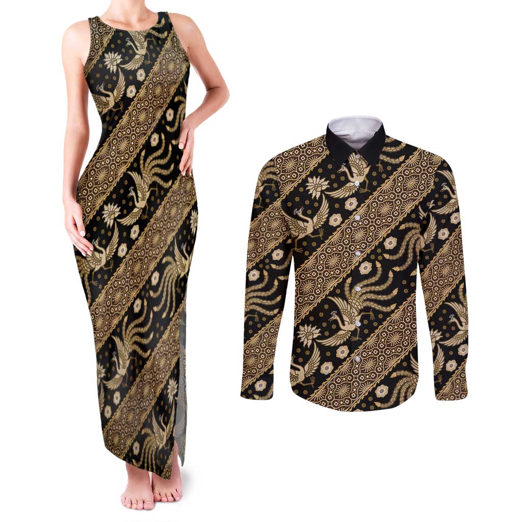 Indonesia Batik Pattern Couples Matching Tank Maxi Dress and Long Sleeve Button Shirt Gold Version - Wonder Print Shop