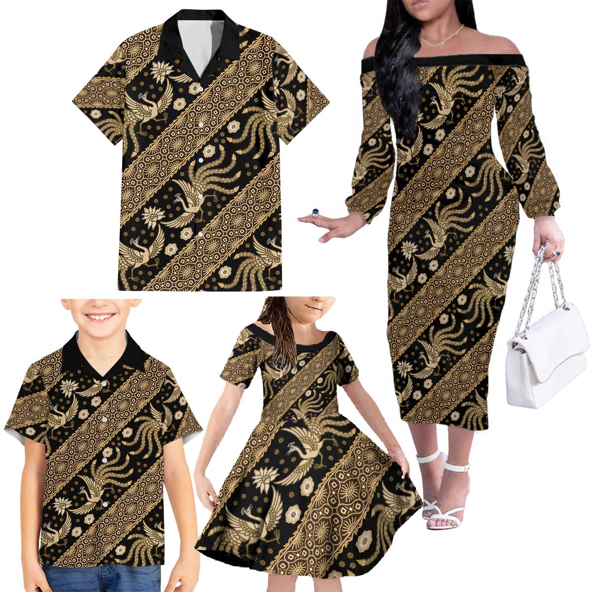 Indonesia Batik Pattern Family Matching Off The Shoulder Long Sleeve Dress and Hawaiian Shirt Gold Version - Wonder Print Shop