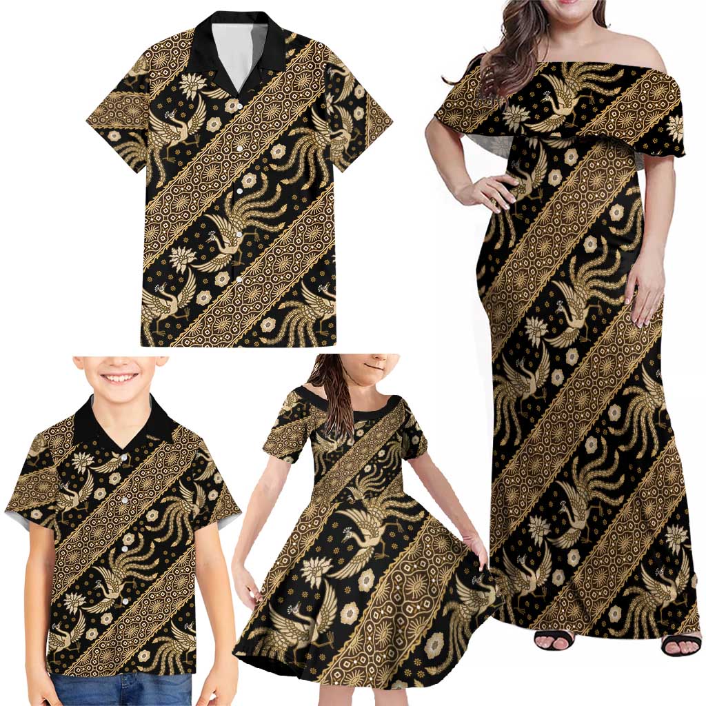 Indonesia Batik Pattern Family Matching Off Shoulder Maxi Dress and Hawaiian Shirt Gold Version - Wonder Print Shop