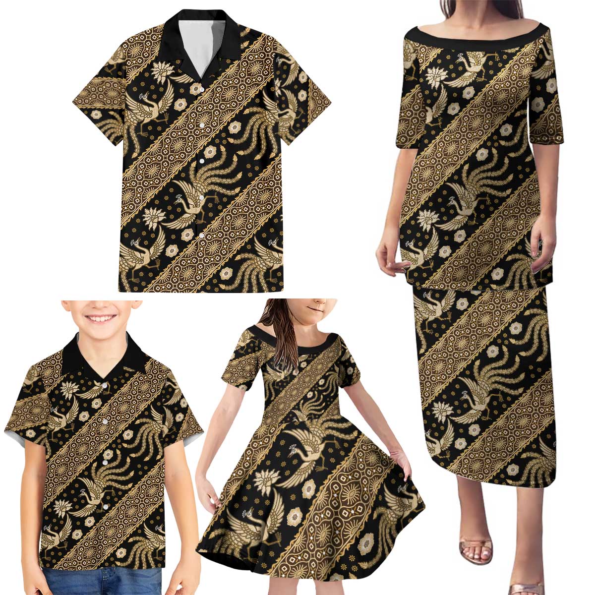 Indonesia Batik Pattern Family Matching Puletasi and Hawaiian Shirt Gold Version - Wonder Print Shop