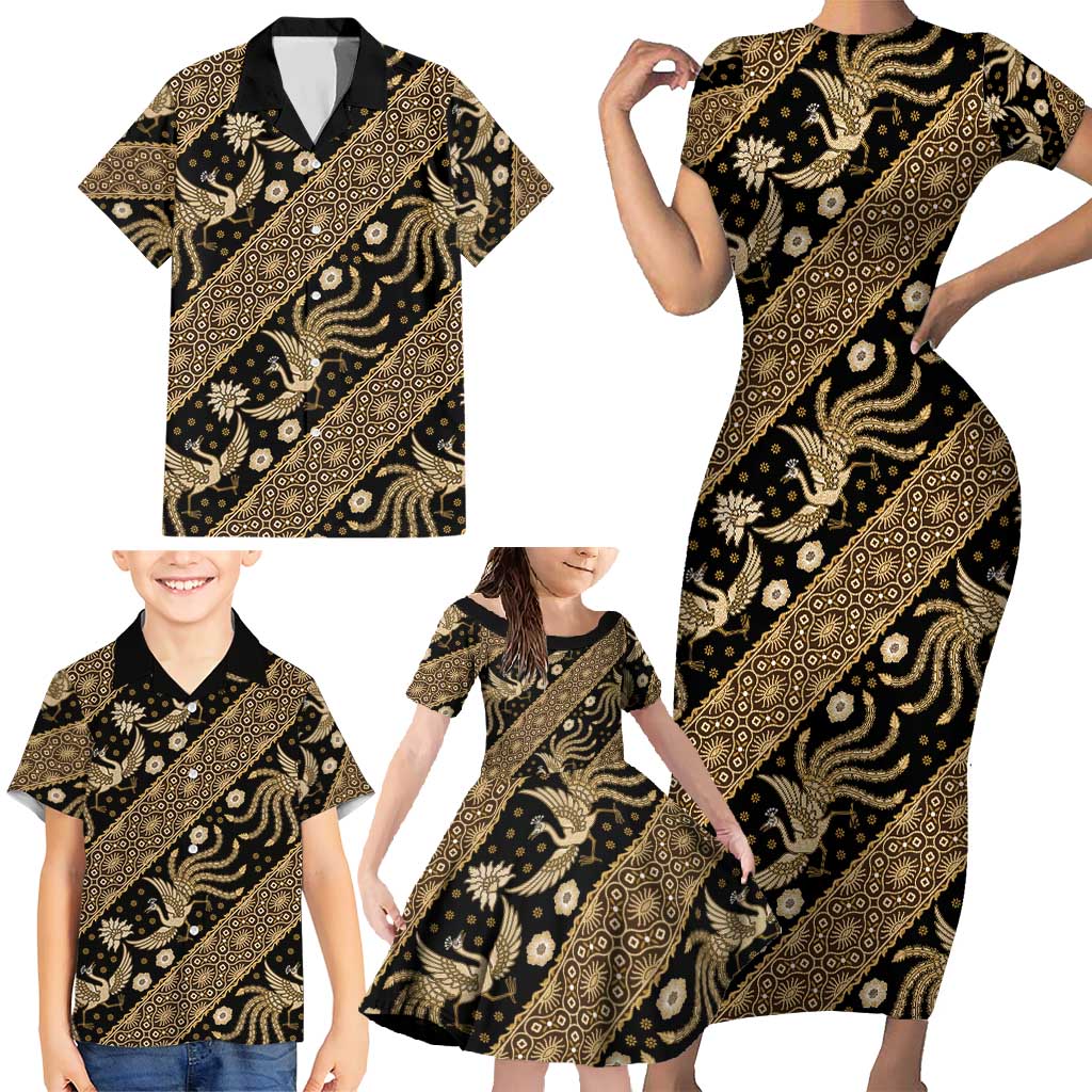 Indonesia Batik Pattern Family Matching Short Sleeve Bodycon Dress and Hawaiian Shirt Gold Version - Wonder Print Shop