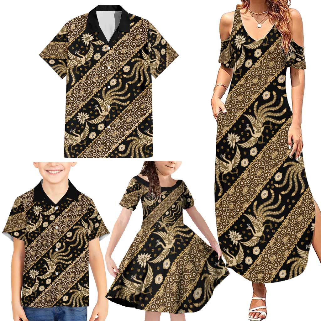 Indonesia Batik Pattern Family Matching Summer Maxi Dress and Hawaiian Shirt Gold Version - Wonder Print Shop