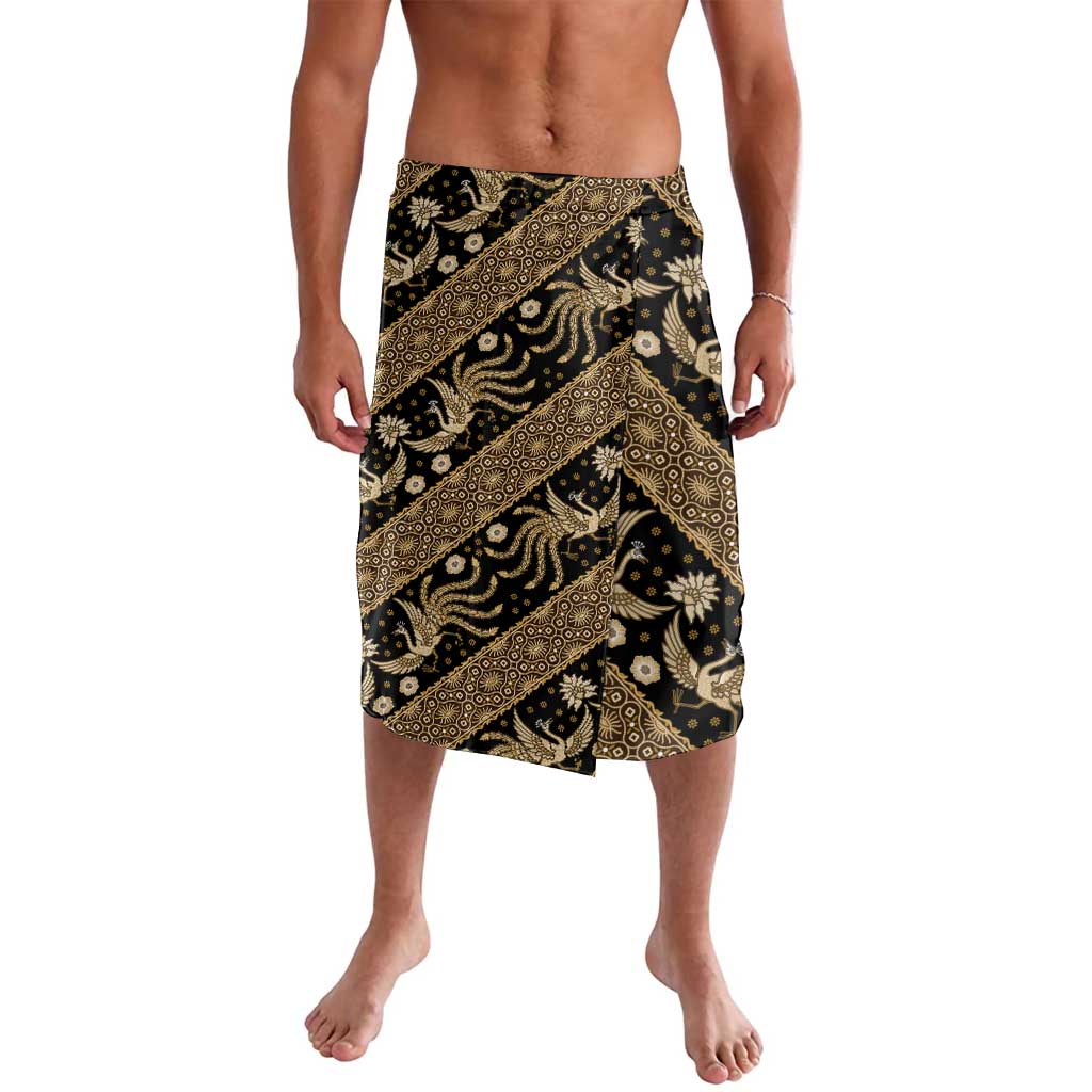 Gold and black batik-pattern wrap skirt with diagonal sash design