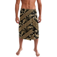 Gold and black batik-pattern wrap skirt with diagonal sash design