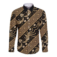 Gold batik long-sleeve button shirt with black base, patterned front and point collar