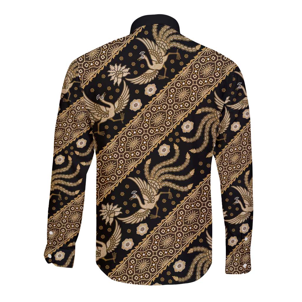 Gold batik long-sleeve button shirt, back view with ornate bird and stripe motifs