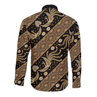 Gold batik long-sleeve button shirt, back view with ornate bird and stripe motifs