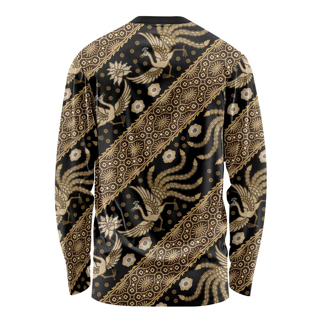 Unisex batik long-sleeve shirt back view, black with gold ornate motifs