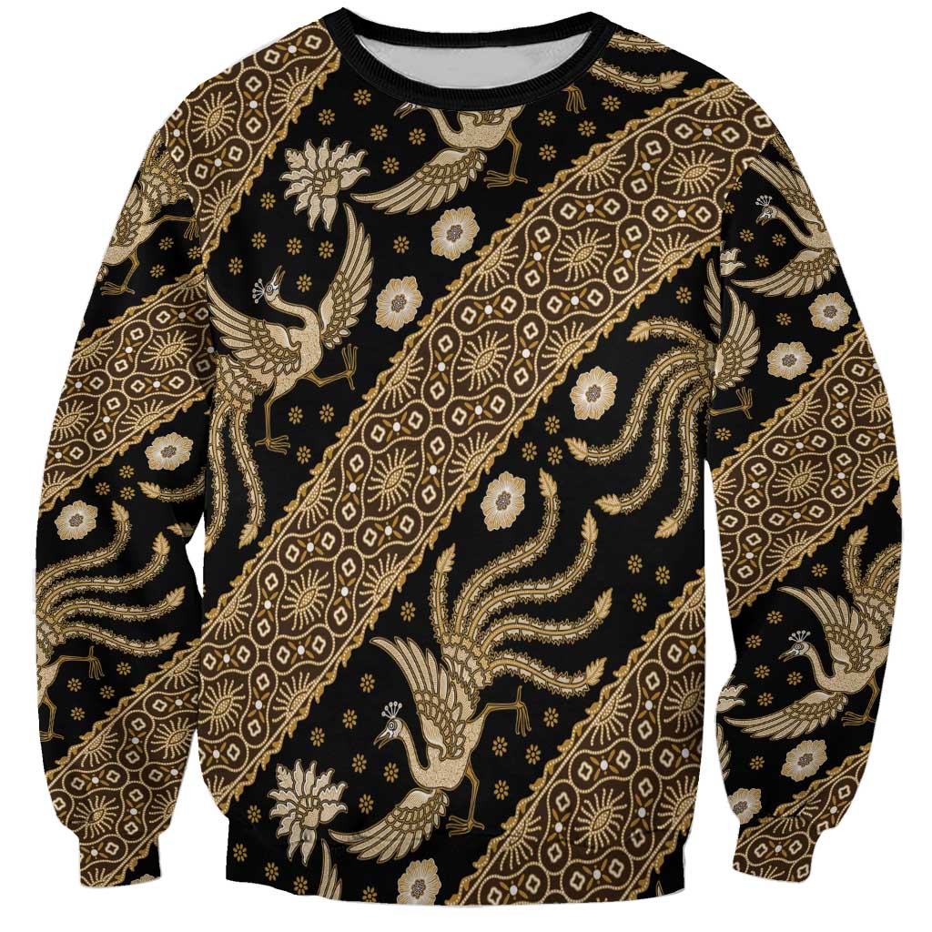 Unisex crewneck sweatshirt, gold batik pattern on dark base, long sleeves