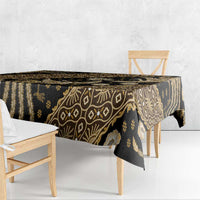 Square batik tablecloth corner drape, dark base with gold scrolling and diamond designs