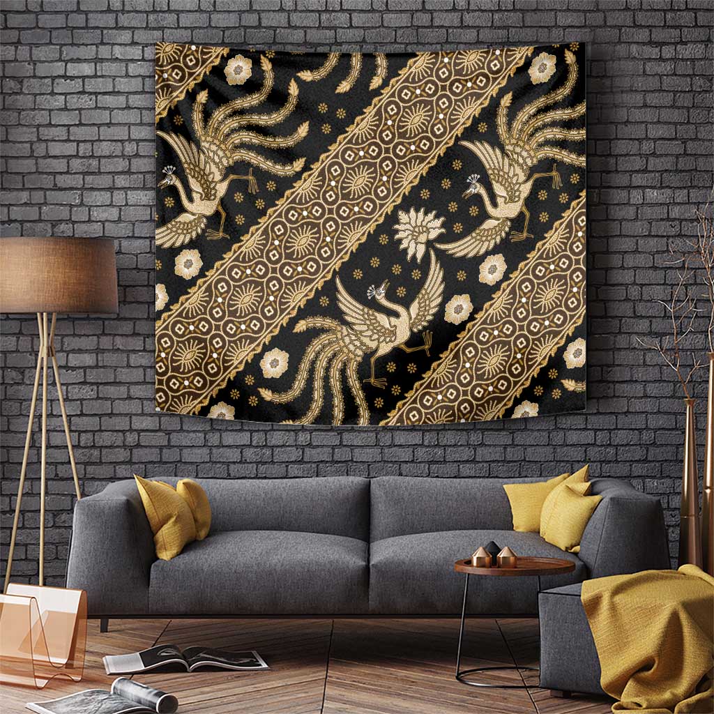 Gold-and-black Indonesian batik pattern tapestry with bird and floral motifs