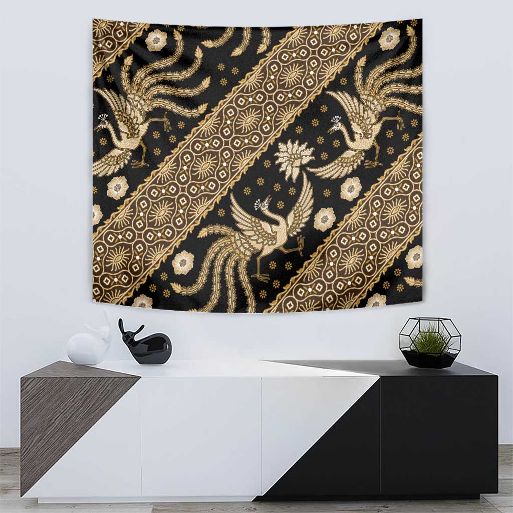 Ornate batik tapestry wall hanging with bird figures and diagonal gold pattern bands