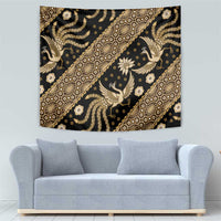Gold and dark Indonesian batik tapestry with geometric border and bird silhouettes