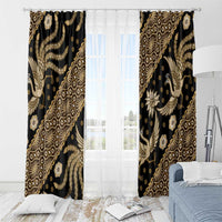 Black and gold batik-pattern curtains with decorative bird, floral, and geometric motifs.