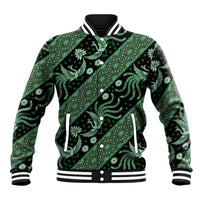 Green batik-pattern baseball jacket with striped ribbed collar, cuffs, and button front
