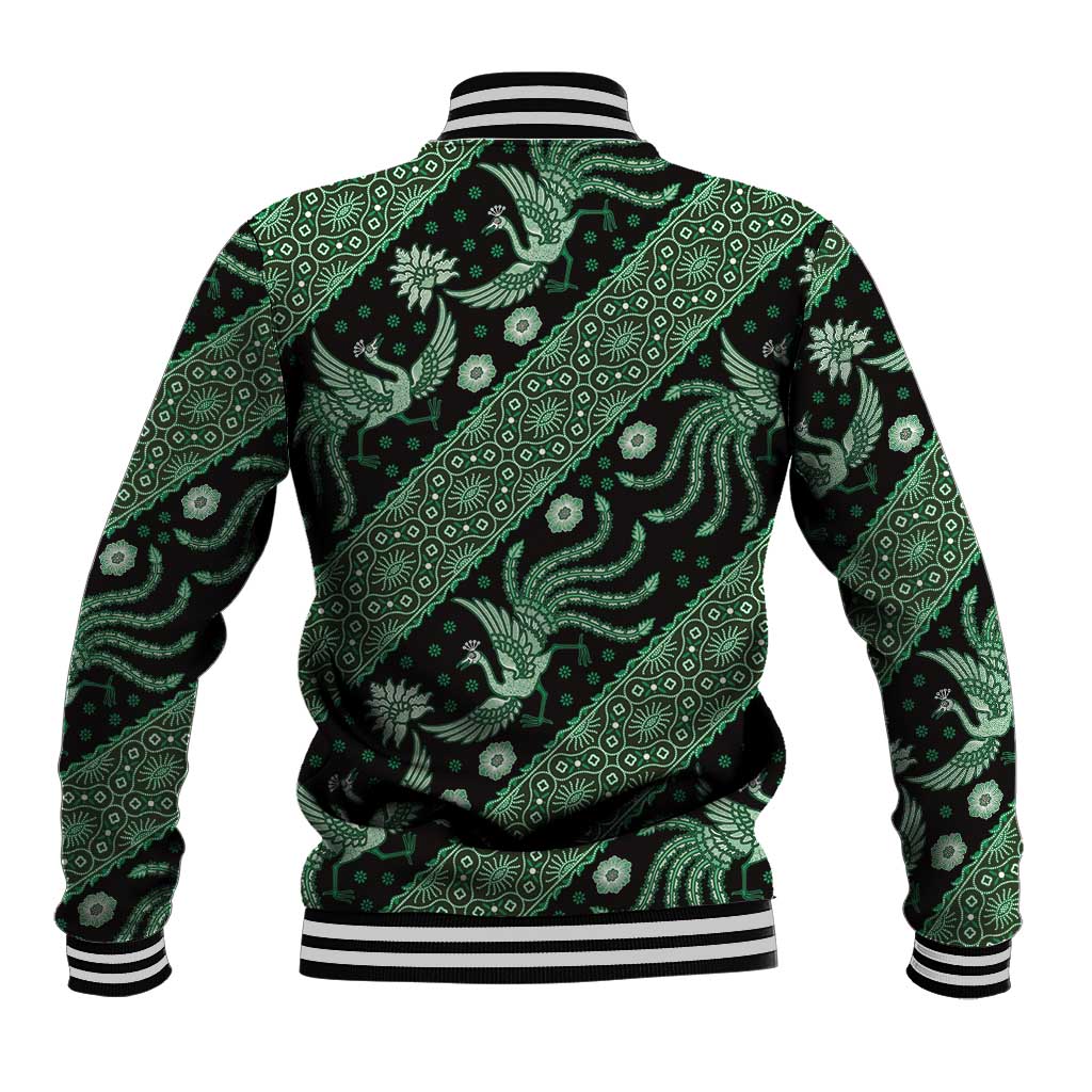 Green batik-pattern baseball jacket, striped ribbed hem and collar, rear view