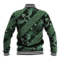 Green batik-pattern baseball jacket, striped ribbed hem and collar, rear view