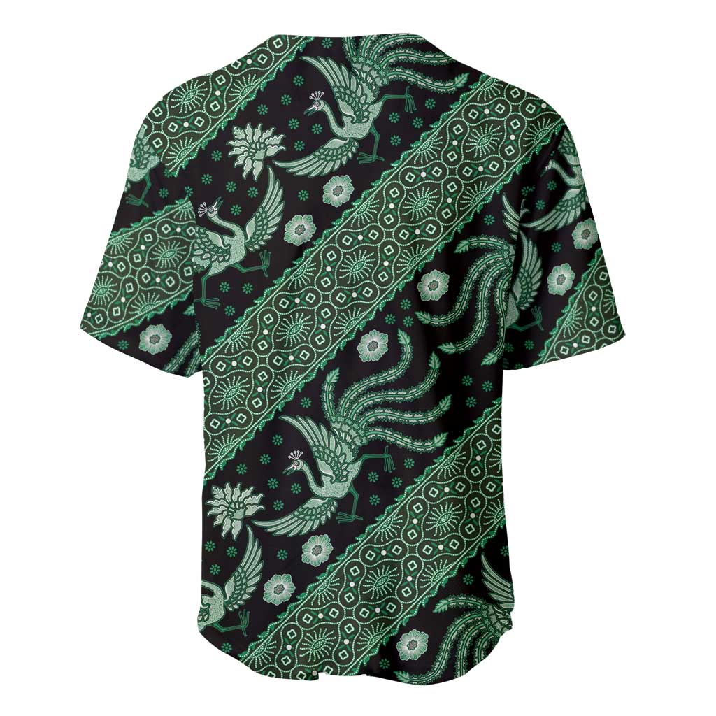Green batik-pattern baseball jersey with bird and floral motifs, short sleeves