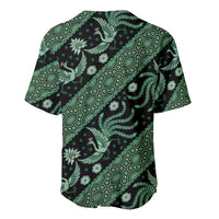Green batik-pattern baseball jersey with bird and floral motifs, short sleeves