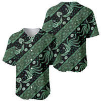 Green batik-pattern baseball jersey with bird, flower, and swirl motifs, short sleeves