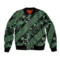 Green batik patterned bomber jacket with front zip, ribbed cuffs and hem