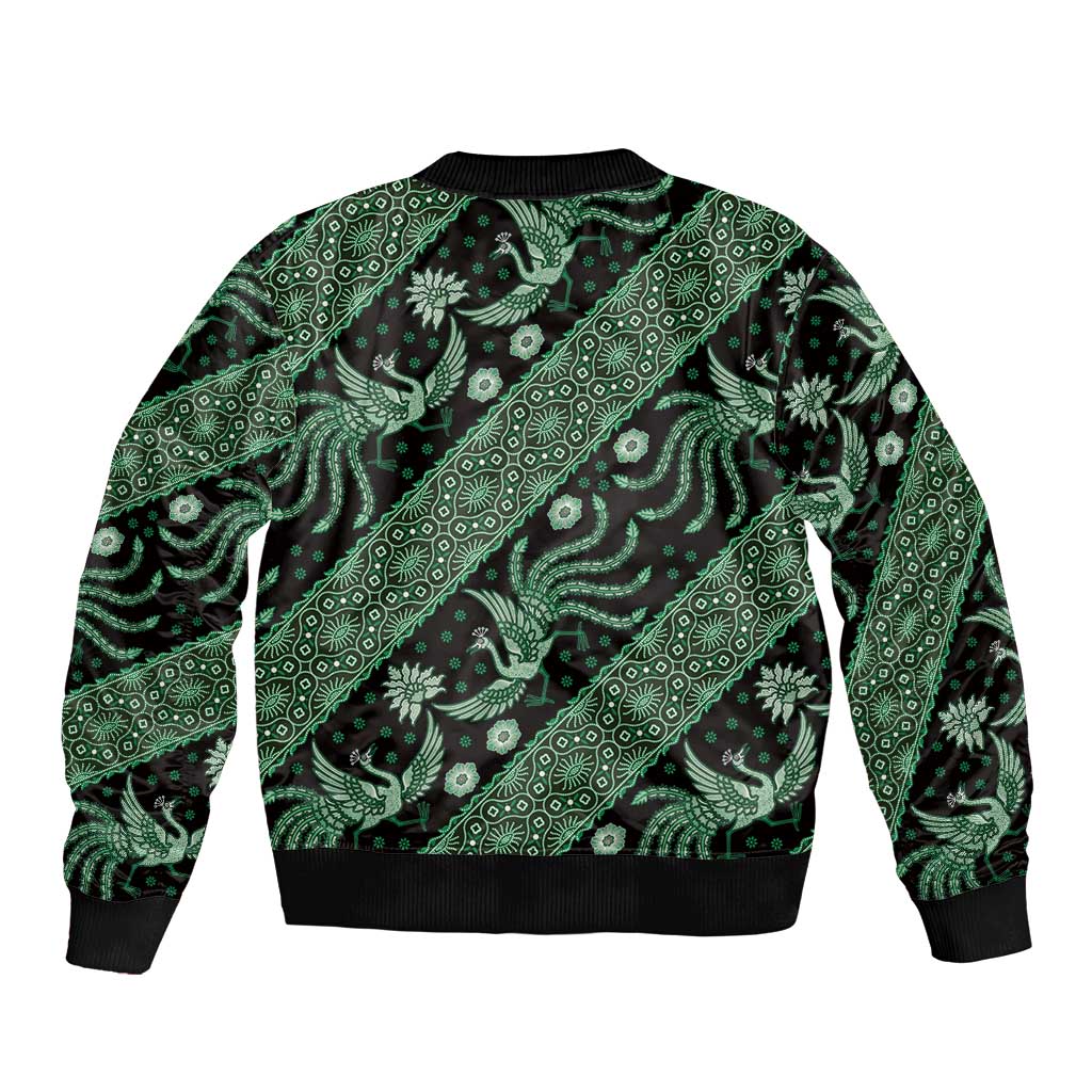 Green batik patterned bomber jacket, ribbed hem and cuffs, no visible front closure
