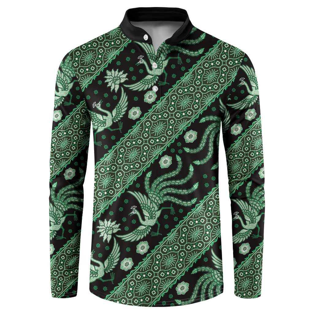 Green batik button sweatshirt with black collar, long sleeves, front view