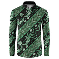 Green batik button sweatshirt with black collar, long sleeves, front view