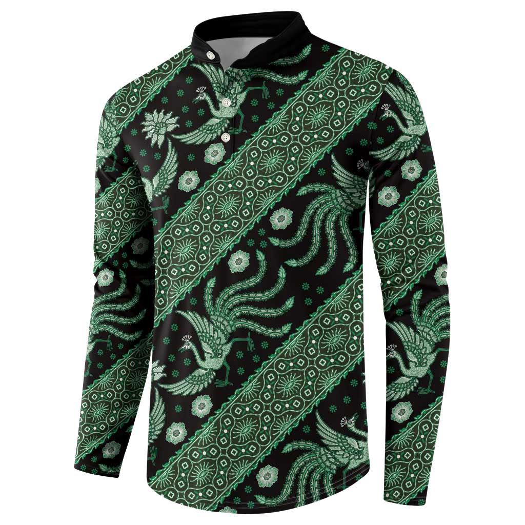 Green batik button sweatshirt, long sleeves and black buttoned collar, front view