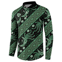 Green batik button sweatshirt, long sleeves and black buttoned collar, front view