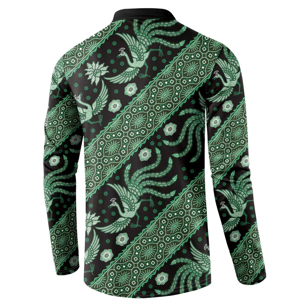 Green batik pattern button sweatshirt with black collar, long sleeves