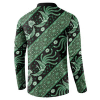 Green batik pattern button sweatshirt with black collar, long sleeves