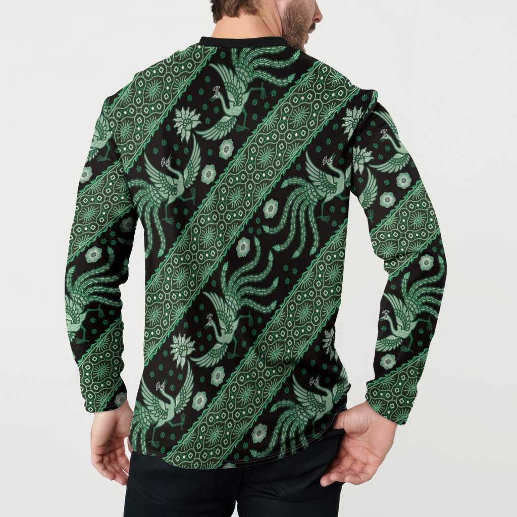 Green batik pattern button sweatshirt with long sleeves, back view
