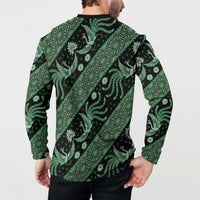 Green batik pattern button sweatshirt with long sleeves, back view