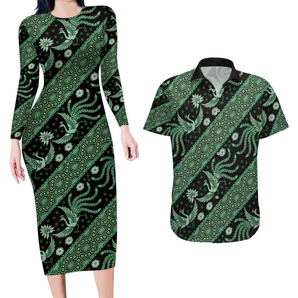 Indonesia Batik Pattern Couples Matching Long Sleeve Bodycon Dress and Hawaiian Shirt Green Version - Wonder Print Shop