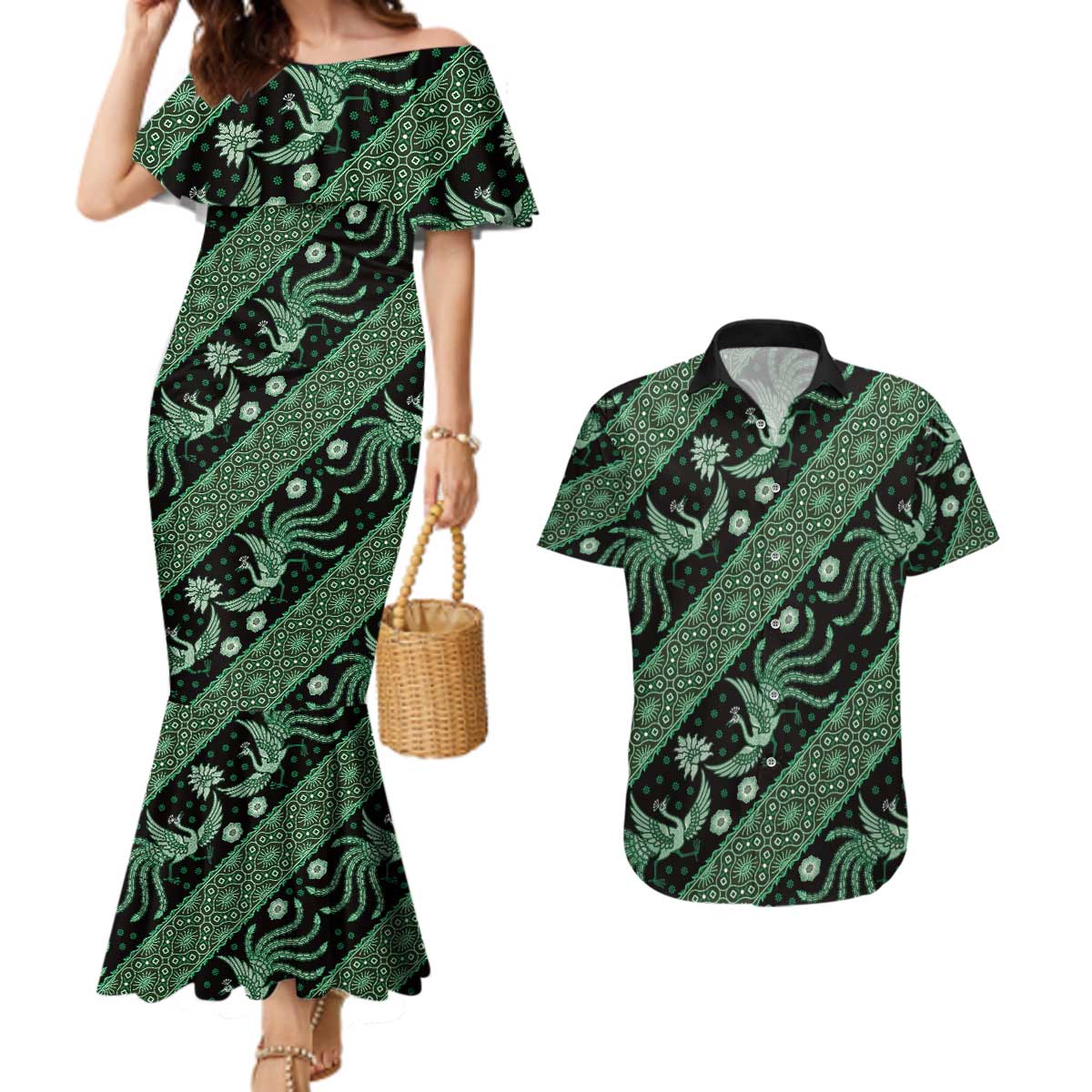 Indonesia Batik Pattern Couples Matching Mermaid Dress and Hawaiian Shirt Green Version - Wonder Print Shop