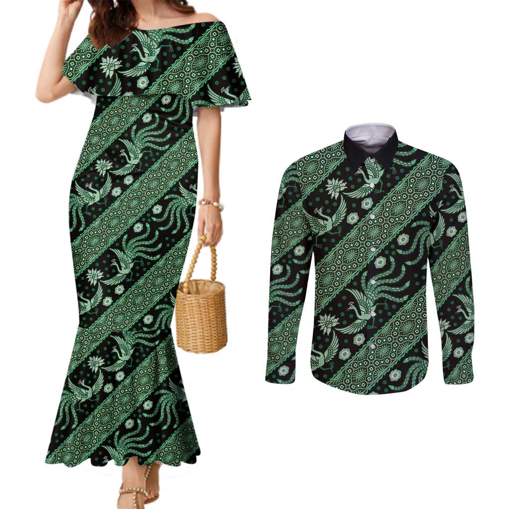 Indonesia Batik Pattern Couples Matching Mermaid Dress and Long Sleeve Button Shirt Green Version