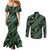 Indonesia Batik Pattern Couples Matching Mermaid Dress and Long Sleeve Button Shirt Green Version