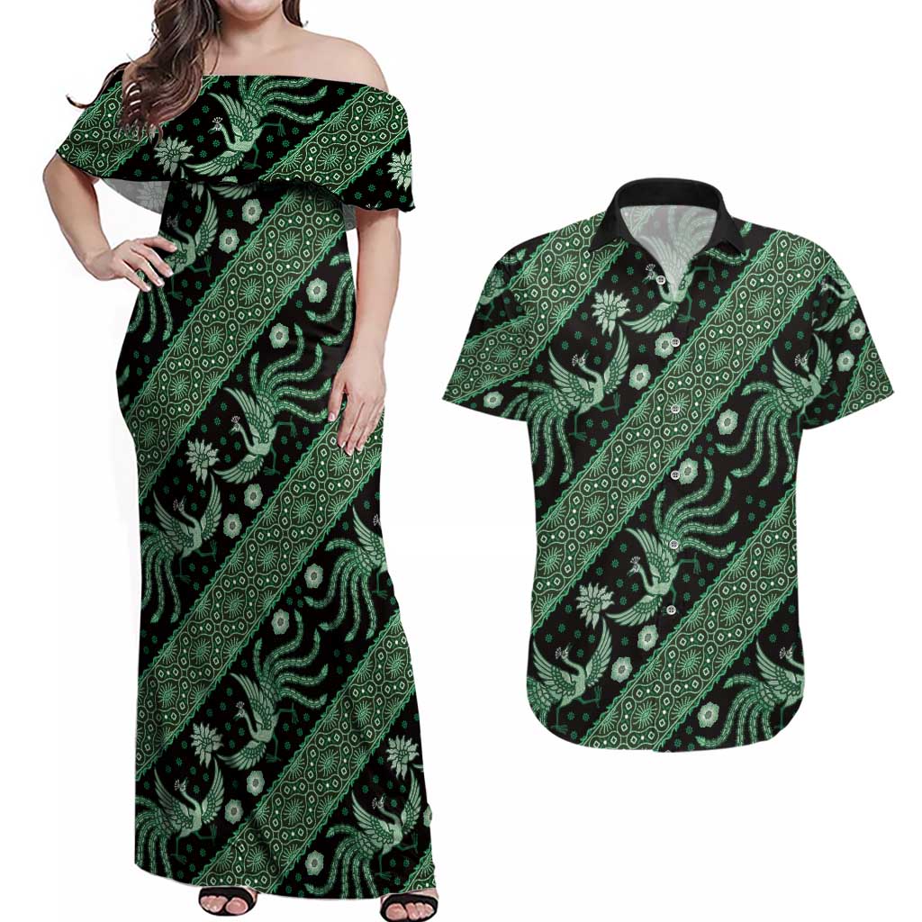 Indonesia Batik Pattern Couples Matching Off Shoulder Maxi Dress and Hawaiian Shirt Green Version - Wonder Print Shop