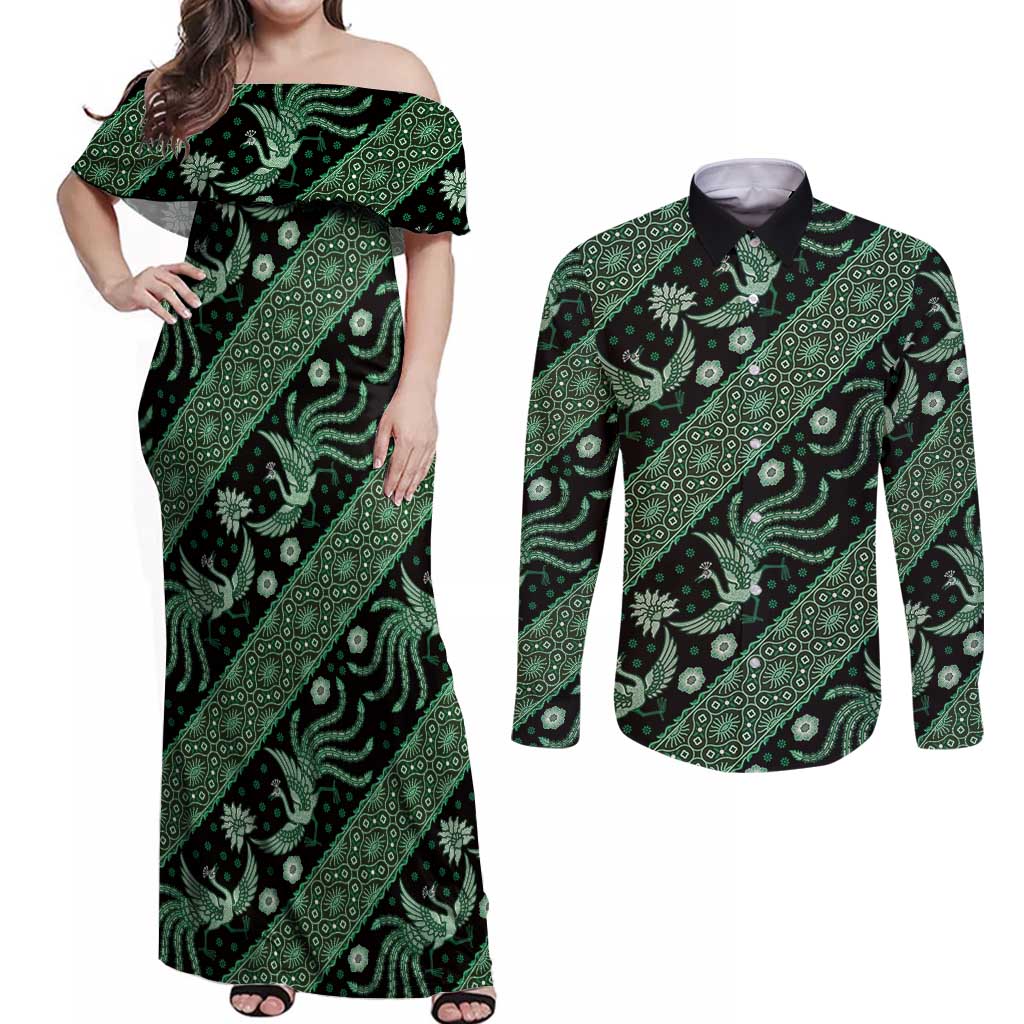 Indonesia Batik Pattern Couples Matching Off Shoulder Maxi Dress and Long Sleeve Button Shirt Green Version - Wonder Print Shop